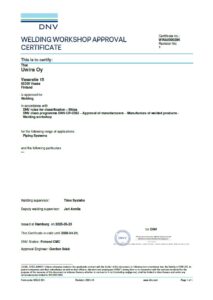 Uwira Oy Welding Workshop Approval Certificate WWA000029K